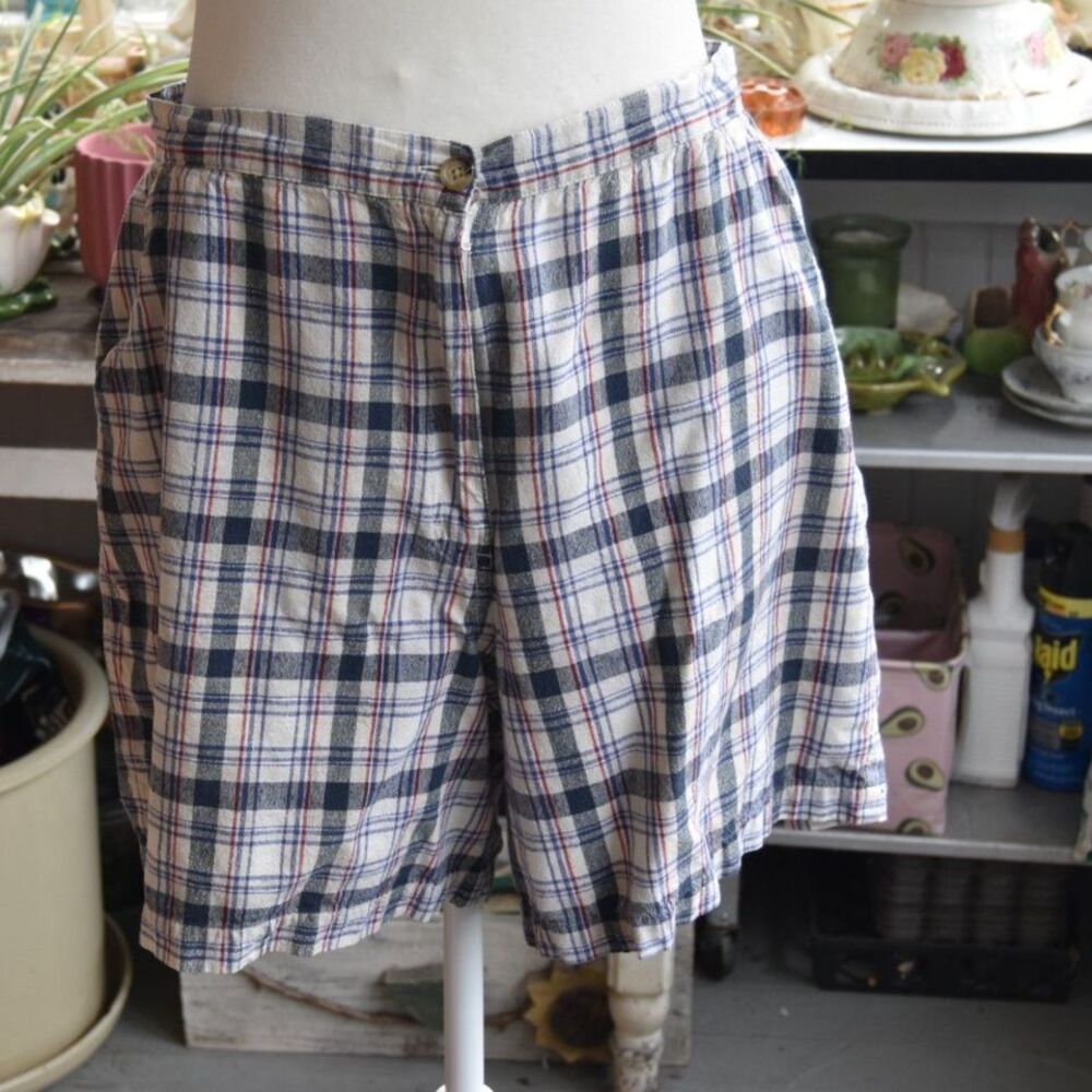 Vintage 90s Karen Scott Plaid Silk Cotton Shorts Women’s 14 Blue Red High Rise